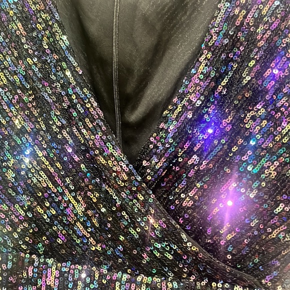 MORGAN & CO Juniors Black Sequined Elbow Sleeve Surplice Neckline Mini Dress - Picture 8 of 15